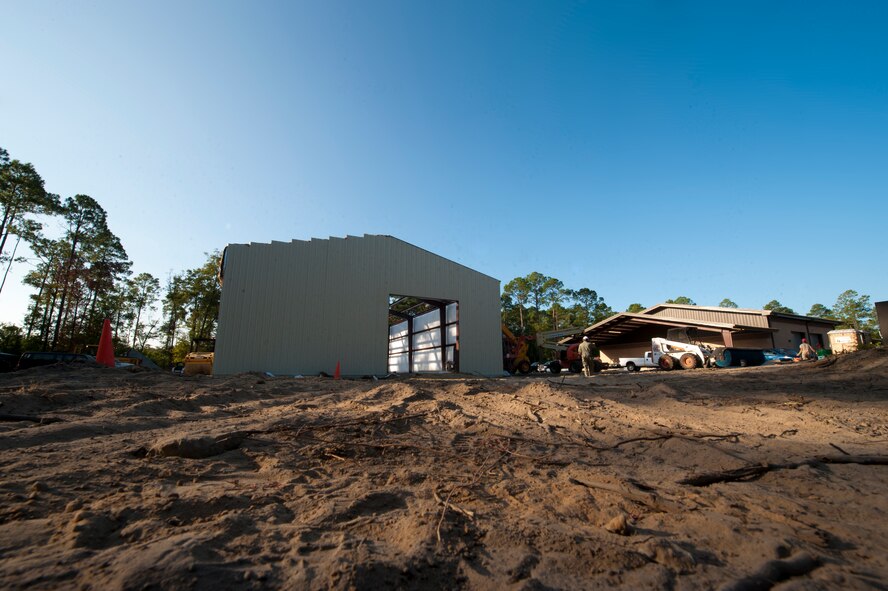 The construction site of a warehouse being built for the 23rd Civil Engineer Squadron explosive ordnance disposal flight on Moody Air Force Base, Ga., Aug. 25, 2011. The warehouse is being built by members of the 823rd RED HORSE Squadron based out of Hurlburt Field Air Force Base, Fla. (U.S. Air Force Photo by Staff Sgt. Joshua Garcia/Released)