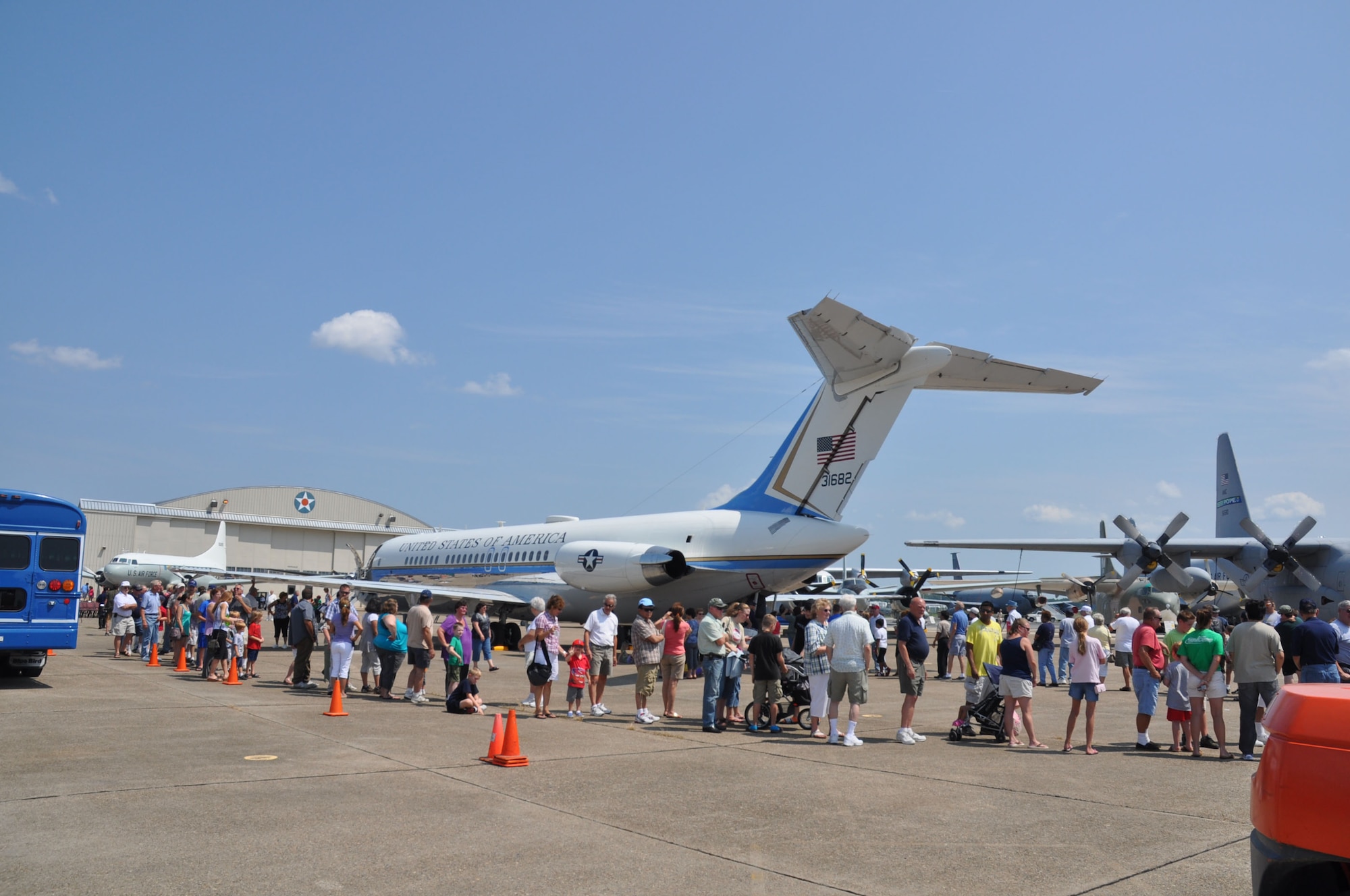 Members of the public wait for a tour of the VC-9C at the Air Mobility Command Museum, Dover Air Force Base, Del., Aug. 18. The plane flew the nation’s senior leaders and dignitaries for 30 years before being replaced by the Boeing 757 in 2005. (U.S. Air Force Photo by Mr. Bob Spiers).