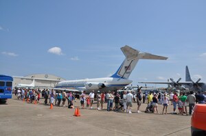 Members of the public wait for a tour of the VC-9C at the Air Mobility Command Museum, Dover Air Force Base, Del., Aug. 18. The plane flew the nation’s senior leaders and dignitaries for 30 years before being replaced by the Boeing 757 in 2005. (U.S. Air Force Photo by Mr. Bob Spiers).