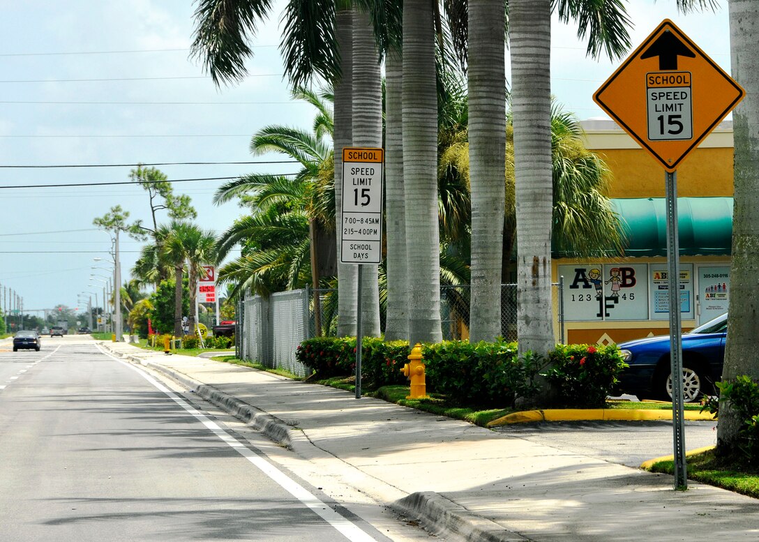 School is back in session, so motor vehicle operators need to be more aware than ever of School Zone signs. This daycare is within site of Homestead Air Reserve Base, and is open year-round, regardless of whether or not it is summer. (US Air Force Photo/Mr. Ian Carrier)