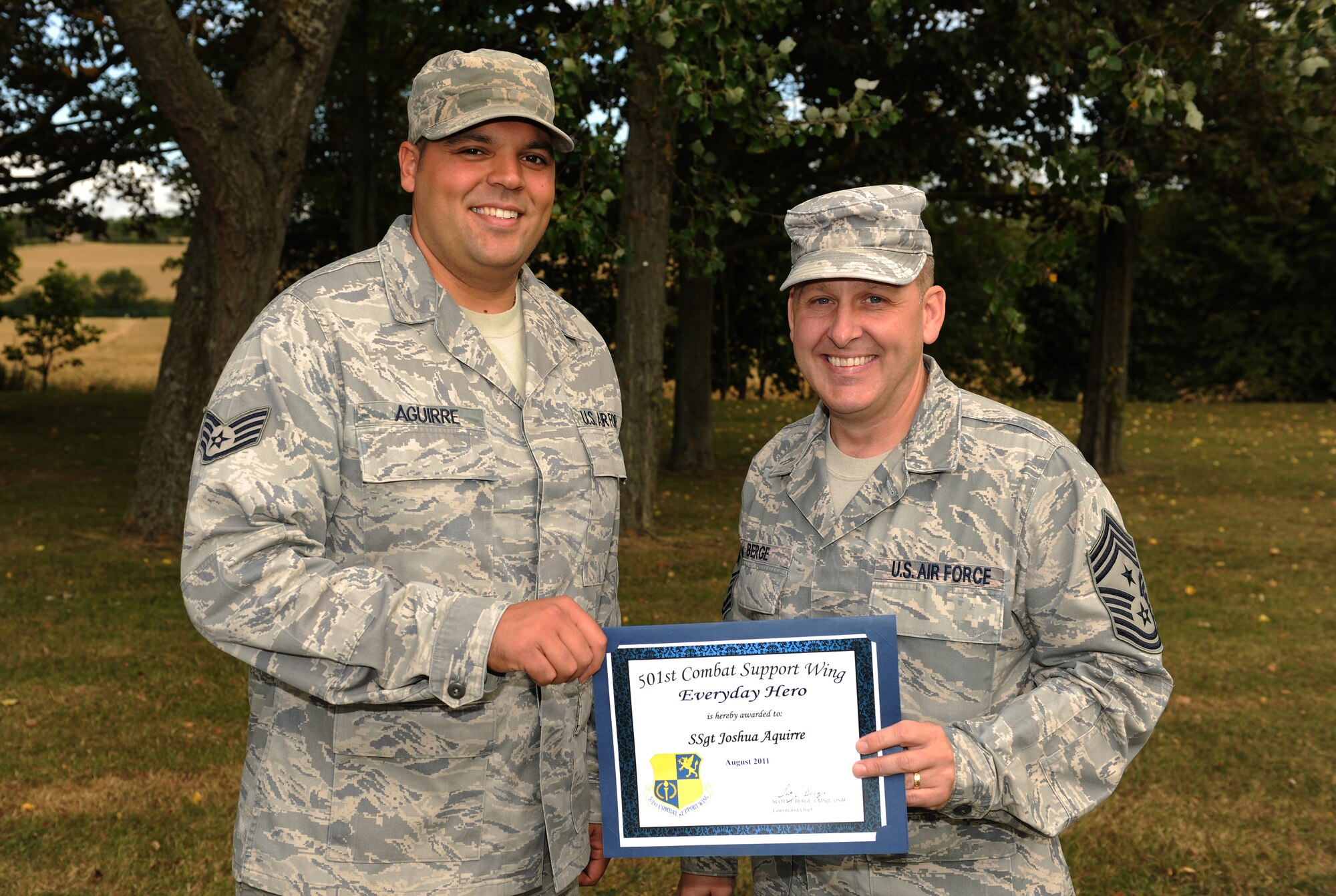 RAF CROUGHTON, United Kingdom - Staff Sgt. Joshua Aguirre, 420th Munitions Squadron, was named the August 501st Combat Support Wing Everyday Hero from the 422nd Air Base Group. Aguirre is the primary technical advisor to munitions supervisors, identifying and resolving quality problems. (U.S. Air Force photo by Tech. Sgt. John Barton)