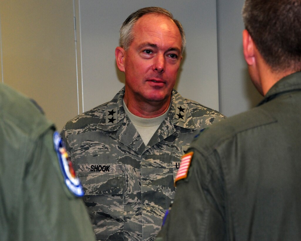 Maj.Gen. Richard A. Shook Jr. mobilization assistant to the chief of Air Force Reserve Command lstens to junior officers career challanges while attending the Junior Officer Leadership Development Seminar at Niagara Falls Air Reserve Station, N.Y. from August 18-21, 2011.  The General was one of many briefers who attended this seminar. (U.S. Air Force photo by Peter Borys)