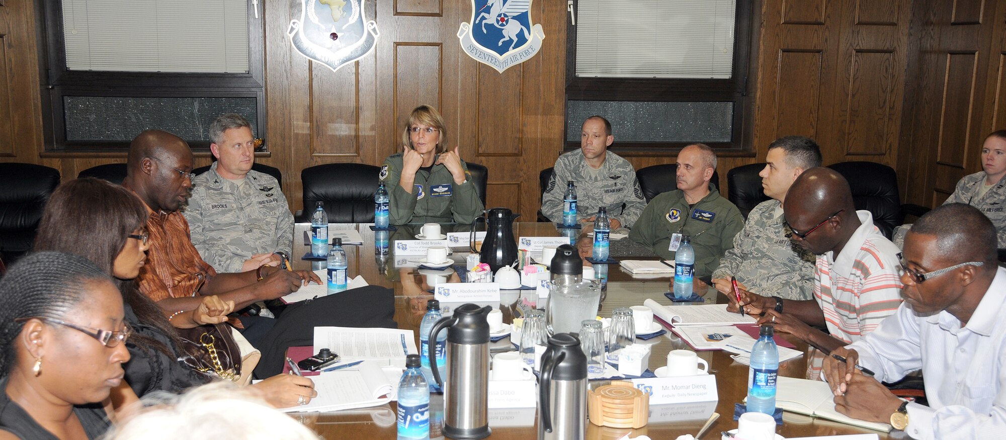 RAMSTEIN AIR BASE, Germany -- Maj. Gen. Margaret Woodward (center), commander of 17th Air Force, addresses a group of visiting media from Senegal during a mission breifing here Aug. 24. The event, the latest in a series of media visits from partner nations in Africa, provided an opportunity for the journalists and editors to learn more about U.S. Africa Command and 17th AF, its air component. (U.S. Air Force photo by Master Sgt. Jim Fisher)