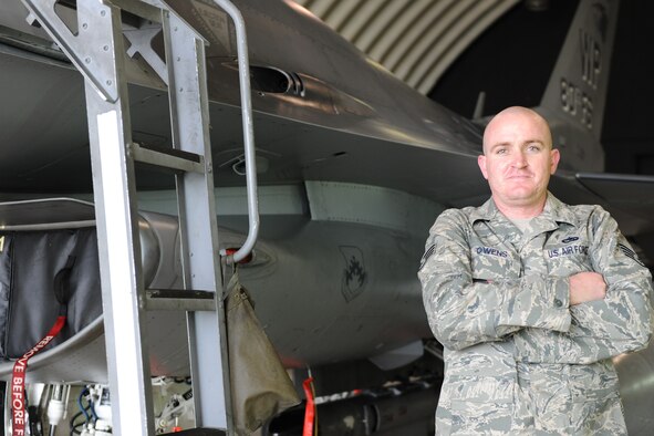 KUNSAN AIR BASE, Republic of Korea -- Staff Sgt. James Owens, 80th Aircraft Maintenance Unit crew chief, performs a preflight inspection here Aug. 24. Sergeant Owens is this week’s Pride of the Pack recipient. (U.S. Air Force photo/Senior Airman Brittany Y. Bateman)