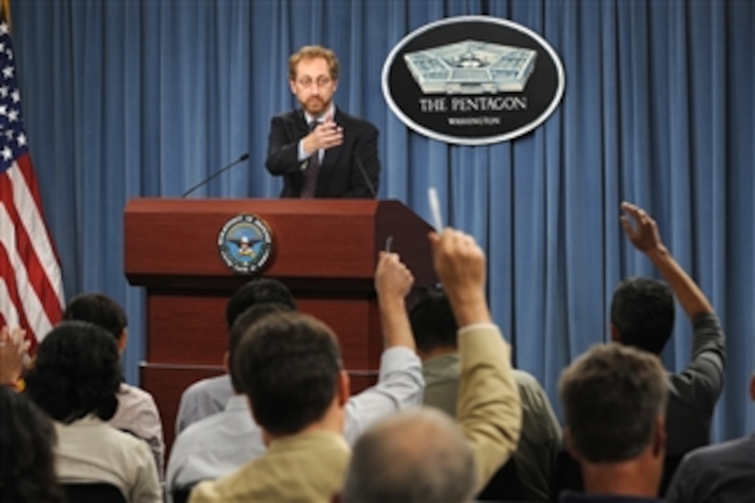 Deputy Assistant Secretary of Defense for East Asia Michael Schiffer takes questions from reporters at the Pentagon after delivering a briefing on the state of China's military progress for the past year on Aug. 24, 2011.  The briefing complemented the release of the Department of Defense Annual Report to Congress on Military and Security Developments Involving the People's Republic of China for 2011.  