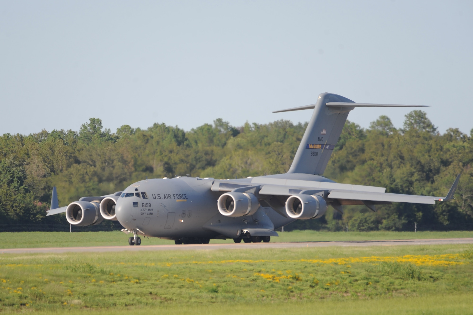 A C-17 Globemaster III from the 305th Air Mobility Wing, Joint Base McGuire-Dix-Lakehurst, N.J., lands on Aug. 26, 2011, at Little Rock Air Force Base, Ark. The C-17 is part of a group of aircraft evacuating nearly 150 Airmen from the 621st Contingency Response Wing at Joint Base McGuire-Dix-Lakehurst prior to Hurricane Irene’s strike on the East Coast. (U.S. Air Force photo by Tech. Sgt. Chad Chisholm)