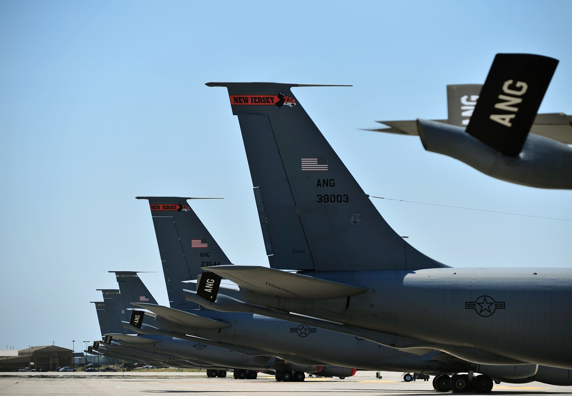 Six Air National Guard KC-135 Stratotakers from the 108th Wing at Joint Base McGuire-Dix-Lakehurst, N.J., evacuated their base to McConnell Air Force Base, Kan., Aug. 26, 2011. Team McConnell helped secure the aircraft so the McGuire Airmen could return to their homestation to prepare for Hurricane Irene’s approach.  (U.S. Air Force photo by Senior Airman Courtney Witt)