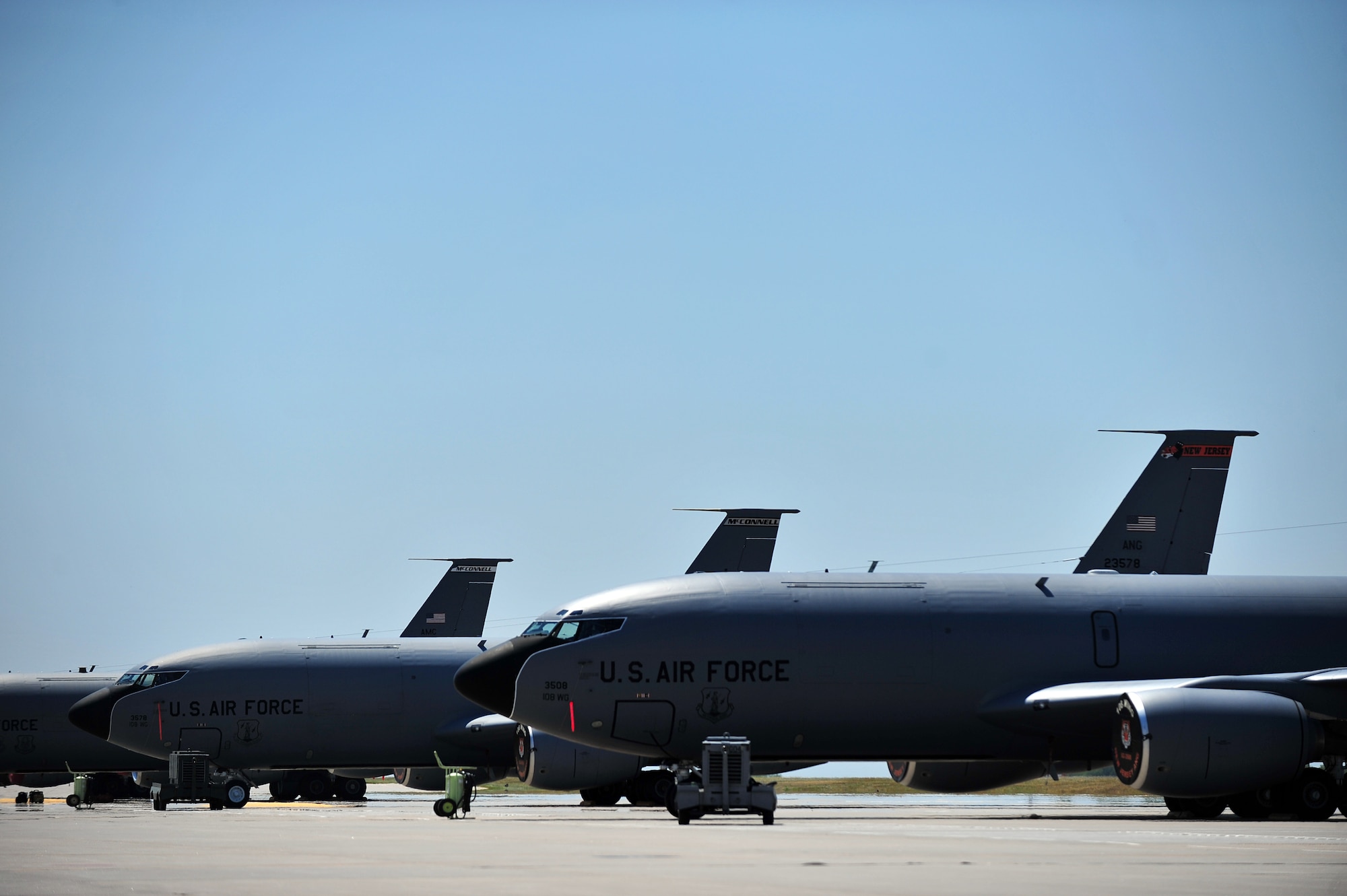Six Air National Guard KC-135 Stratotakers from the 108th Wing at Joint Base McGuire-Dix-Lakehurst, N.J., evacuated their base to McConnell Air Force Base, Kan., Aug. 26, 2011. Team McConnell helped secure the aircraft so the McGuire Airmen could return to their homestation to prepare for Hurricane Irene’s approach.  (U.S. Air Force photo by Senior Airman Courtney Witt)