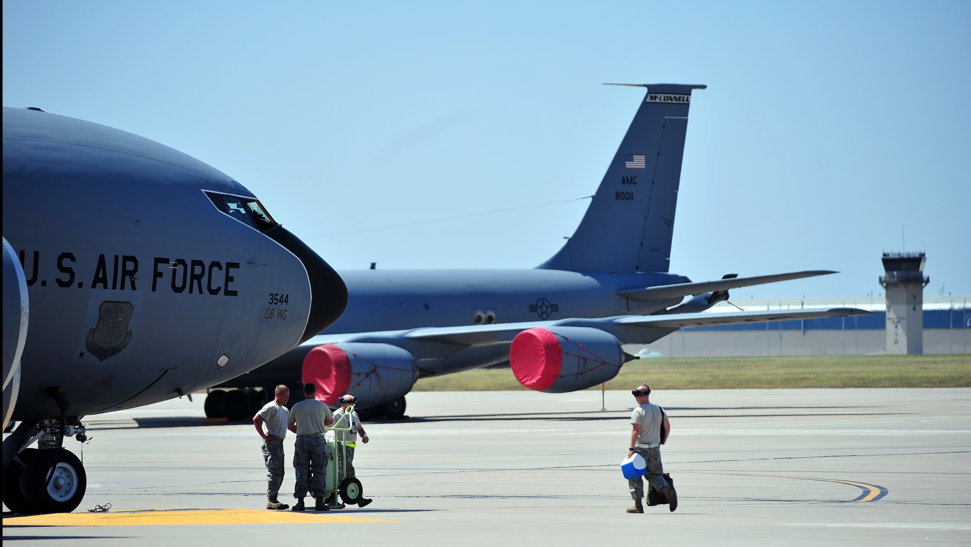 Air National guardsmen from Joint Base McGuire-Dix-Lakehurst’s 108th Wing bed down a KC-135 Stratotanker after evacuating from New Jersey to McConnell Air Force Base, Kan., Aug. 26, 2011. Senior leaders from the joint base executed the base’s hurricane evacuation plan and used McConnell as a safehaven for their aircraft.  (U.S. Air Force photo by Senior Airman Courtney Witt)