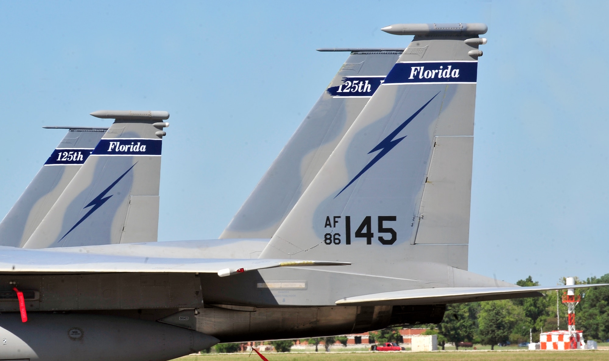 The Florida Air National Guard, 125th Fighter Wing landed eight F-15 aircraft at Scott AFB, Ill., Aug. 25, 2011.  The 125th FW located in Jacksonville, Fla., evacuated to Scott in preparation for hurricane Irene. The 125th mission is to provide air defense for the southeastern United States, from Charleston, S.C., to the southern tip of Florida and across the Florida panhandle. The Wing maintains and flies F-15 fighters at Jacksonville International Airport. Simultaneously, the Wing performs a continuous 24-hour alert mission at its detached site located at Homestead Air Reserve Station, standing ready to intercept unknown aircraft at any time. The aircraft will be returning home Aug. 27, 2011. (U.S. Air Force photo/Staff Sgt. Stephenie Wade)