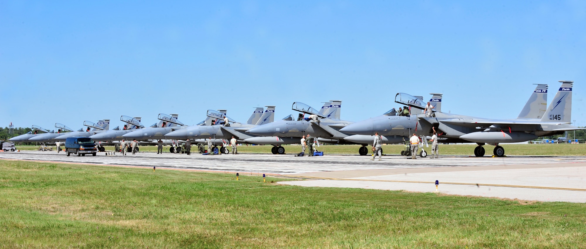 The Florida Air National Guard, 125th Fighter Wing landed eight F-15 aircraft at Scott AFB, Ill., Aug. 25, 2011.  The 125th FW located in Jacksonville, Fla., evacuated to Scott in preparation for hurricane Irene. The 125th mission is to provide air defense for the southeastern United States, from Charleston, S.C., to the southern tip of Florida and across the Florida panhandle. The Wing maintains and flies F-15 fighters at Jacksonville International Airport. Simultaneously, the Wing performs a continuous 24-hour alert mission at its detached site located at Homestead Air Reserve Station, standing ready to intercept unknown aircraft at any time. The aircraft will be returning home Aug. 27, 2011. (U.S. Air Force photo/Staff Sgt. Stephenie Wade)