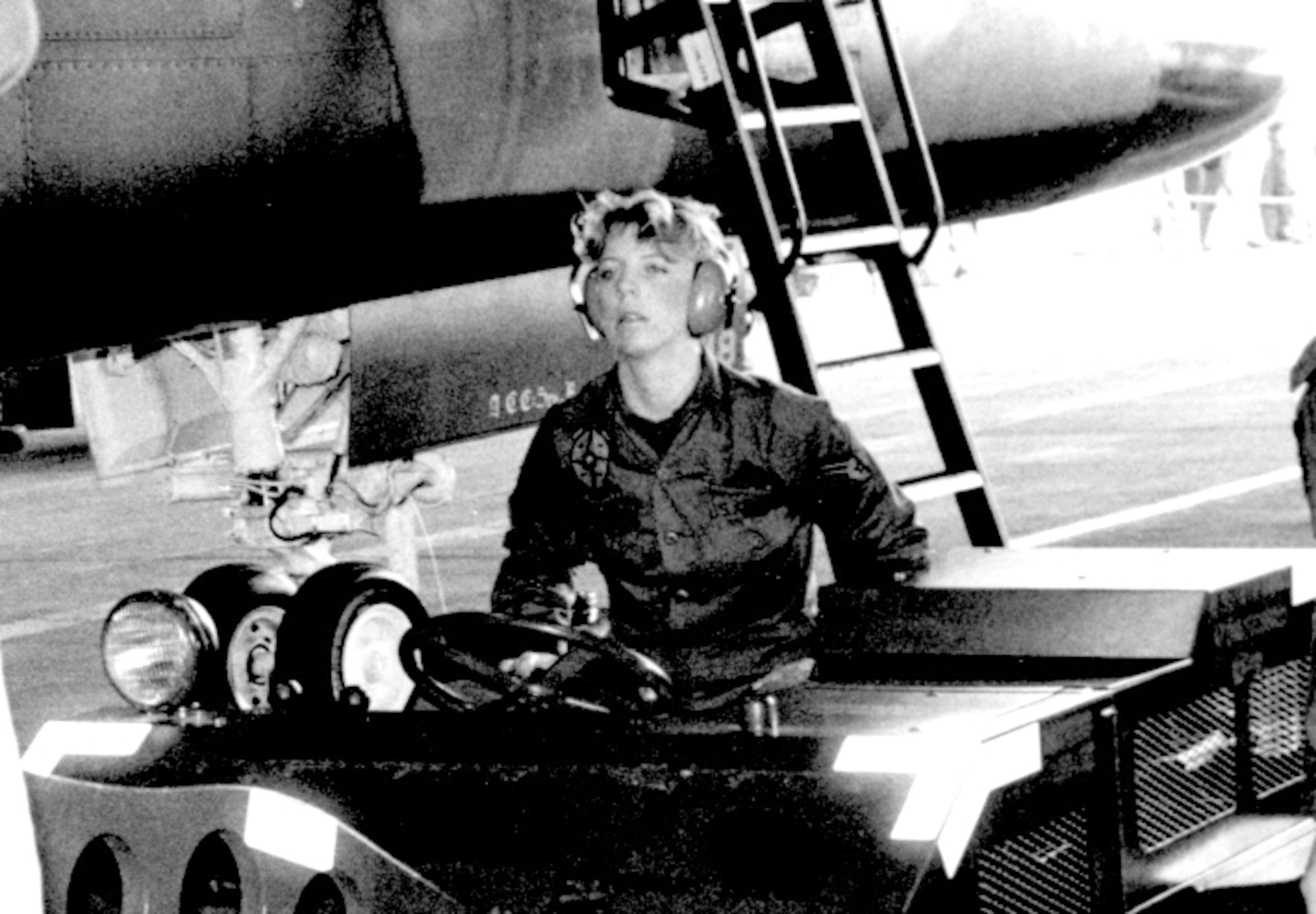 Tech. Sgt. Pamela McNair-Foust operates a weapons loading vehicle known as a jammer at RAF Lakenheath England during the 1985 U.S. Air Forces in Europe “Loadeo” competition. McNair-Foust armed four of the F-111 aircraft used in the U.S. military’s 1986 Operation El Dorado Canyon. Today she assists international F-16 student pilots in training at the 162nd Fighter Wing at Tucson International Airport. (U.S. Air Force photo)