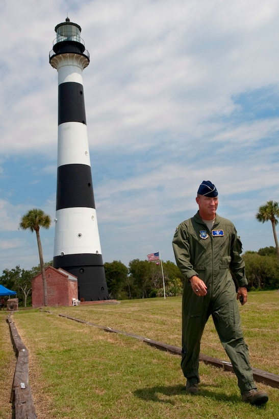 Brig. Gen. Ed Wilson, 45th Space Wing commander, credited with making tours of Cape Canaveral Air Force Station more accessible to the public, leaves the Cape Canaveral Lighthouse during a tour. The Cape Canaveral Lighthouse is the only fully operational lighthouse owned by the U.S. Air Force and is one of several stops on the tour, which also includes historical and operational space launch complexes. (Air Force photo/Matthew Jurgens)

