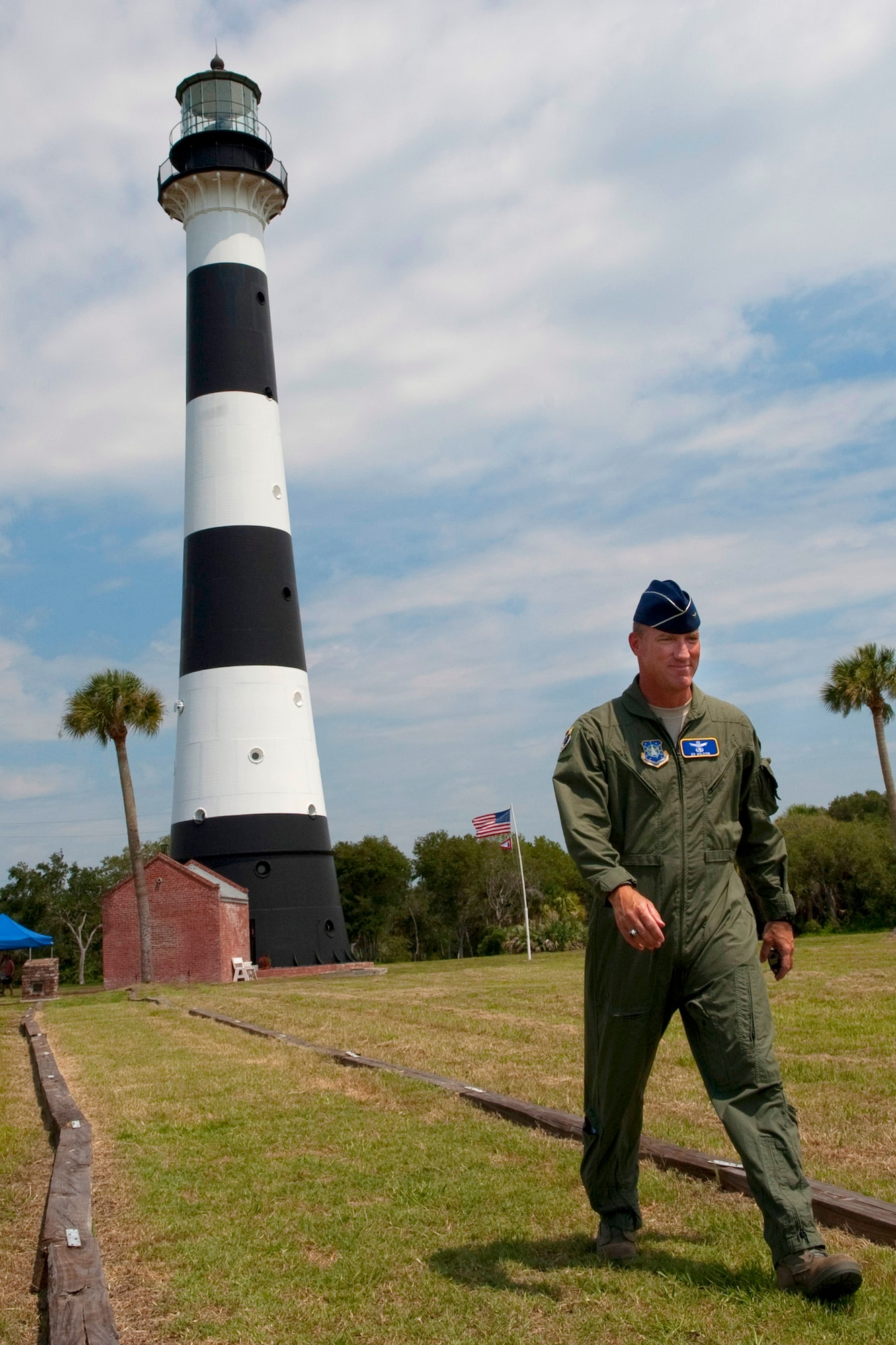 Brig. Gen. Ed Wilson, 45th Space Wing commander, credited with making tours of Cape Canaveral Air Force Station more accessible to the public, leaves the Cape Canaveral Lighthouse during a tour. The Cape Canaveral Lighthouse is the only fully operational lighthouse owned by the U.S. Air Force and is one of several stops on the tour, which also includes historical and operational space launch complexes. (Air Force photo/Matthew Jurgens)

