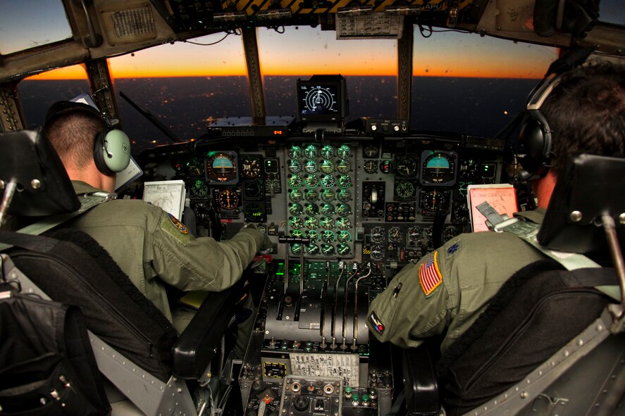PITTSBURGH IAP ARS, PA -- 1st Lt. Jonathan Gyory and Lt. Col. Scott Morgan, 758th Airlift Squadron pilots, fly a C-130 Hercules during a training flight, Aug. 25. As part of the training Lieutenant Gyory had to perform a touch and go landing and then land using night vision goggles. (U.S. Air Force photo/Senior Airman Joshua J. Seybert)
