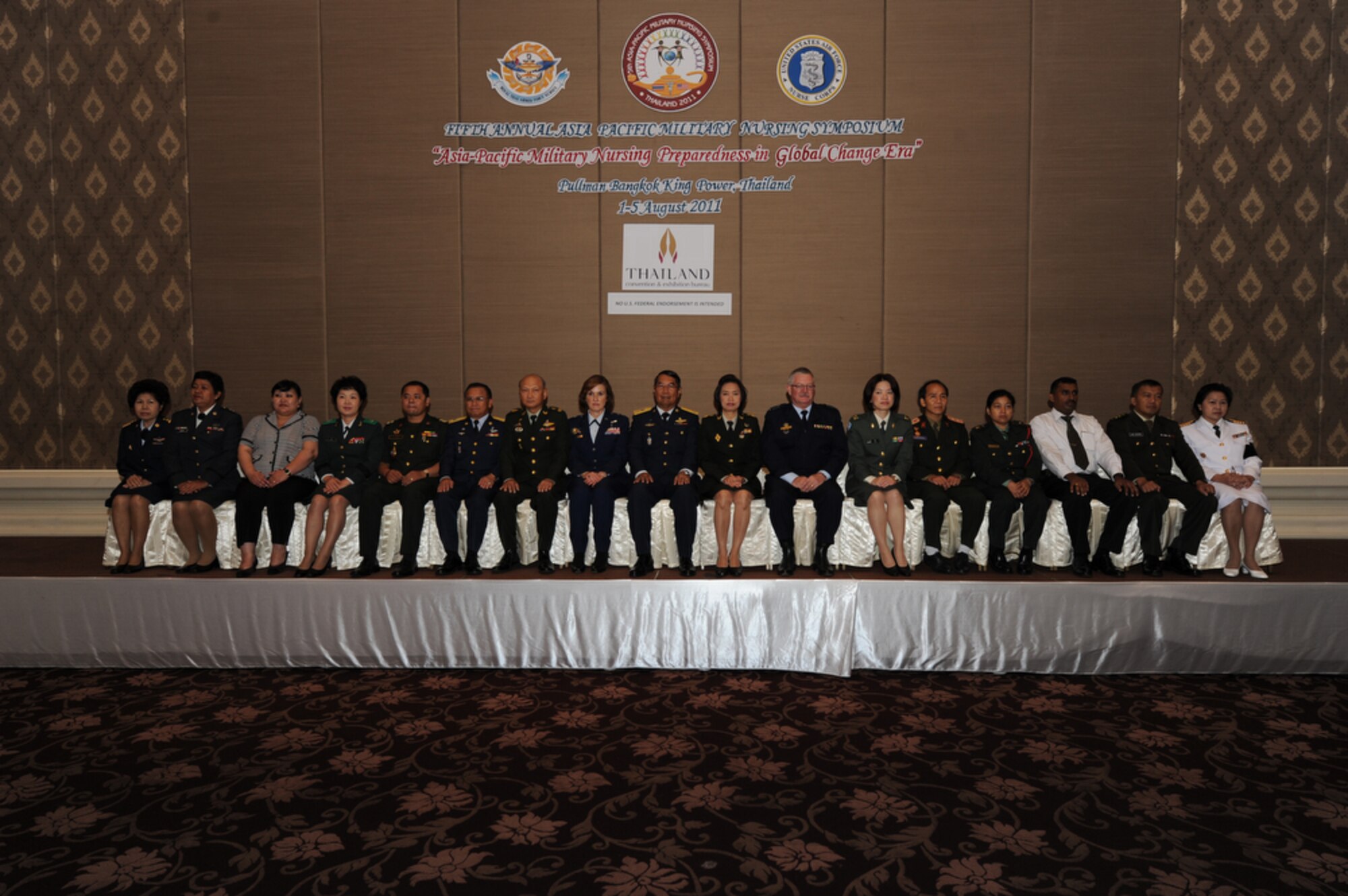 Members of the military nursing community in the Pacific religion gathered at the Pullman King Power Hotel in Bangkok Thailand on Aug. 1 for the start of the five-day 2011 Asia Pacific Military Nursing Symposium, which is sponsored by Pacific Command and executed under the direction of 13th Air Force.
This is the fifth year of the symposium, which started at Hickam Air force Base in 2007, and the first time that Thailand has hosted the event.
More than 12 countries from the Asia-Pacific region have come together to build on relationships by exchanging information and techniques with one another. (U.S.  Air Force photo/Master Sgt. Cohen A. Young)
