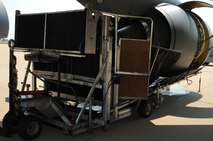 A water collector sits in place underneath a CFM International CFM56 engine (F108 military designation) on a KC-135R Stratotanker during an engine cleaning at Scott AFB, Ill., on August 24, 2011. The collector catches the deionized, chemical free water that is sent through the engine allowing it to be recycled back into the ECO System for filteration and reuse. The 126th Air Refueling Wing, Illinois Air National Guard, is participating in the engine wash as a fuel conservation measure. Washing the engine is expected to reduce the Exhaust Gas Temperature (EGT) margin by 5-6 degrees resulting in fuel savings and longer engine life. (U.S. AF photo by Master Sgt. Ken Stephens) (Released)