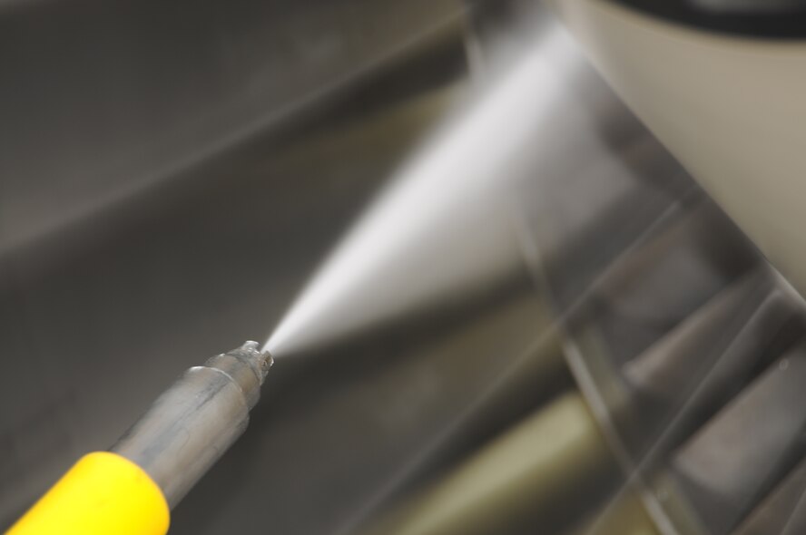 An ECO System engine washer from Pratt & Whitney, Dallas, Tex., is used to clean the inside of a CFM International CFM56 engine (F108 military designation) on a KC-135R Stratotanker at Scott AFB, Ill., on August 24, 2011. The 126th Air Refueling Wing, Illinois Air National Guard, is participating in the engine wash as a fuel conservation measure. Washing the engine is expected to reduce the Exhaust Gas Temperature (EGT) margin by 5-6 degrees resulting in fuel savings and longer engine life. (U.S. AF photo by Master Sgt. Ken Stephens) (Released)