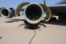 An Eco Wash Team from Pratt & Whitney, Dallas, Tex., use an ECO System to clean the inside of a CFM International CFM56 engine (F108 military designation) on a KC-135R Stratotanker at Scott AFB, Ill., on August 24, 2011. The 126th Air Refueling Wing, Illinois Air National Guard, is participating in the engine wash as a fuel conservation measure. Washing the engine is expected to reduce the Exhaust Gas Temperature (EGT) margin by 5-6 degrees resulting in fuel savings and longer engine life. (U.S. AF photo by Master Sgt. Ken Stephens) (Released)