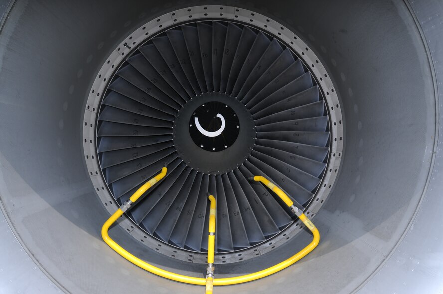 An Eco Wash Team from Pratt & Whitney, Dallas, Tex., use an ECO System to clean the inside of a CFM International CFM56 engine (F108 military designation) on a KC-135R Stratotanker at Scott AFB, Ill., on August 24, 2011. The 126th Air Refueling Wing, Illinois Air National Guard, is participating in the engine wash as a fuel conservation measure. Washing the engine is expected to reduce the Exhaust Gas Temperature (EGT) margin by 5-6 degrees resulting in fuel savings and longer engine life. (U.S. AF photo by Master Sgt. Ken Stephens) (Released)