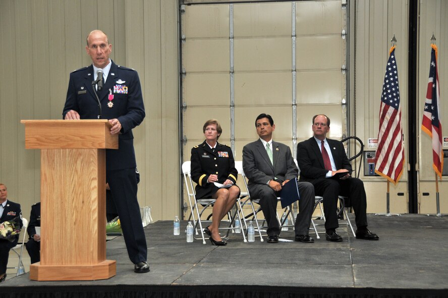 Col Harry "Mike" Roberts address the 178th Fighter Wing as outgoing commander for the last time at the Change of Command Ceremony Aug. 21 at the Springfield Air National Guard Base.
