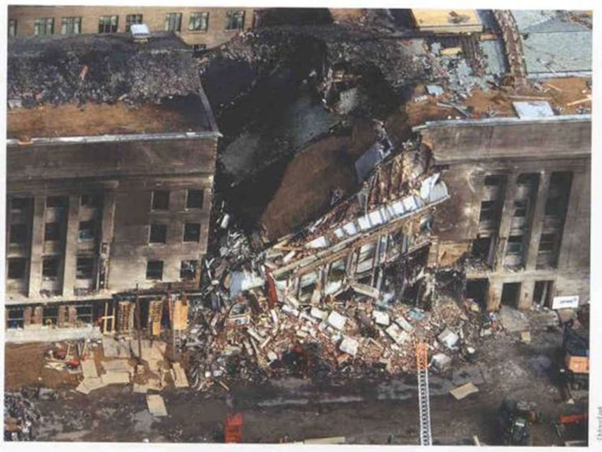 Aerial view of the Pentagon after the E Ring collapsed on Sept. 11, 2001.  (DOD photo)