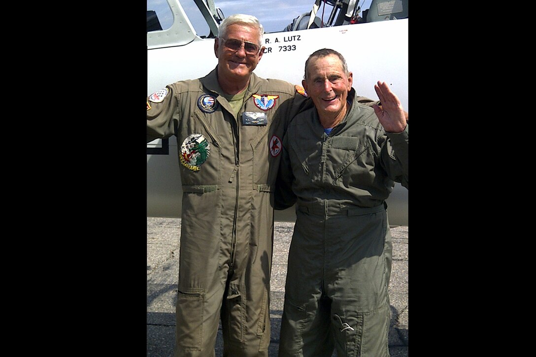 “We may be old, but we’re still Marines,” said former Marine Capt. Bob Lutz (left) following a flight in his L-39 Albatros jet aircraft with retired Marine  Lt. Col. Kingman Lambert (right) Aug 27. Lutz and Lambert, friends since serving together in the 1950s, took part in what they believe may be a record setting flight over southeastern Michigan in an L-39 Albatros jet aircraft.
