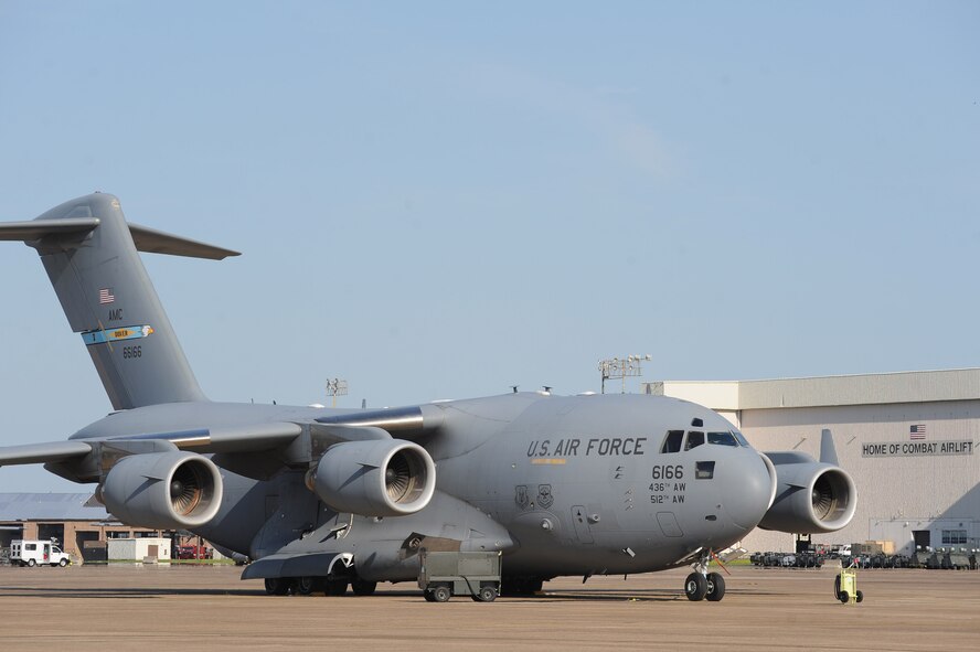 A C-17 Globemaster III, from Dover Air Force Base, Del., is parked on a ramp at Little Rock AFB, Ark., on Aug. 27, 2011. Six C-17 cargo planes were flown to Little Rock AFB to save the aircraft from possible damage that could be inflicted by Hurricane Irene striking the East Coast. (U.S. Air Force photo/Tech. Sgt. Chad Chisholm) 