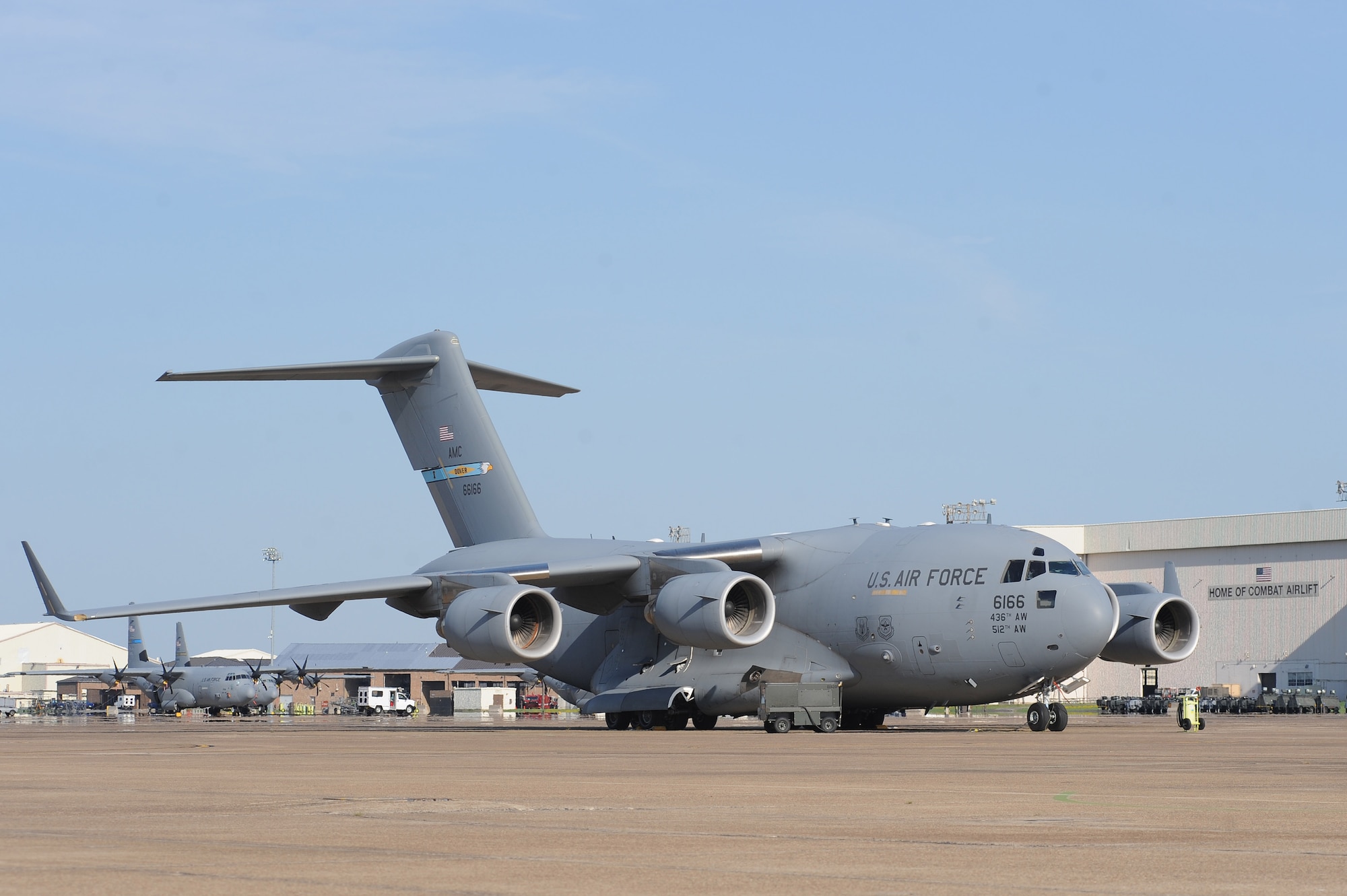 A C-17 Globemaster III, from Dover Air Force Base, Del., is parked on a ramp at Little Rock Air Force Base, Ark., on Aug. 27, 2011. Six C-17 cargo planes were flown to Little Rock AFB to save the aircraft from possible damage that could be inflicted by Hurricane Irene striking the East Coast. (U.S. Air Force photo by Tech. Sgt. Chad Chisholm)