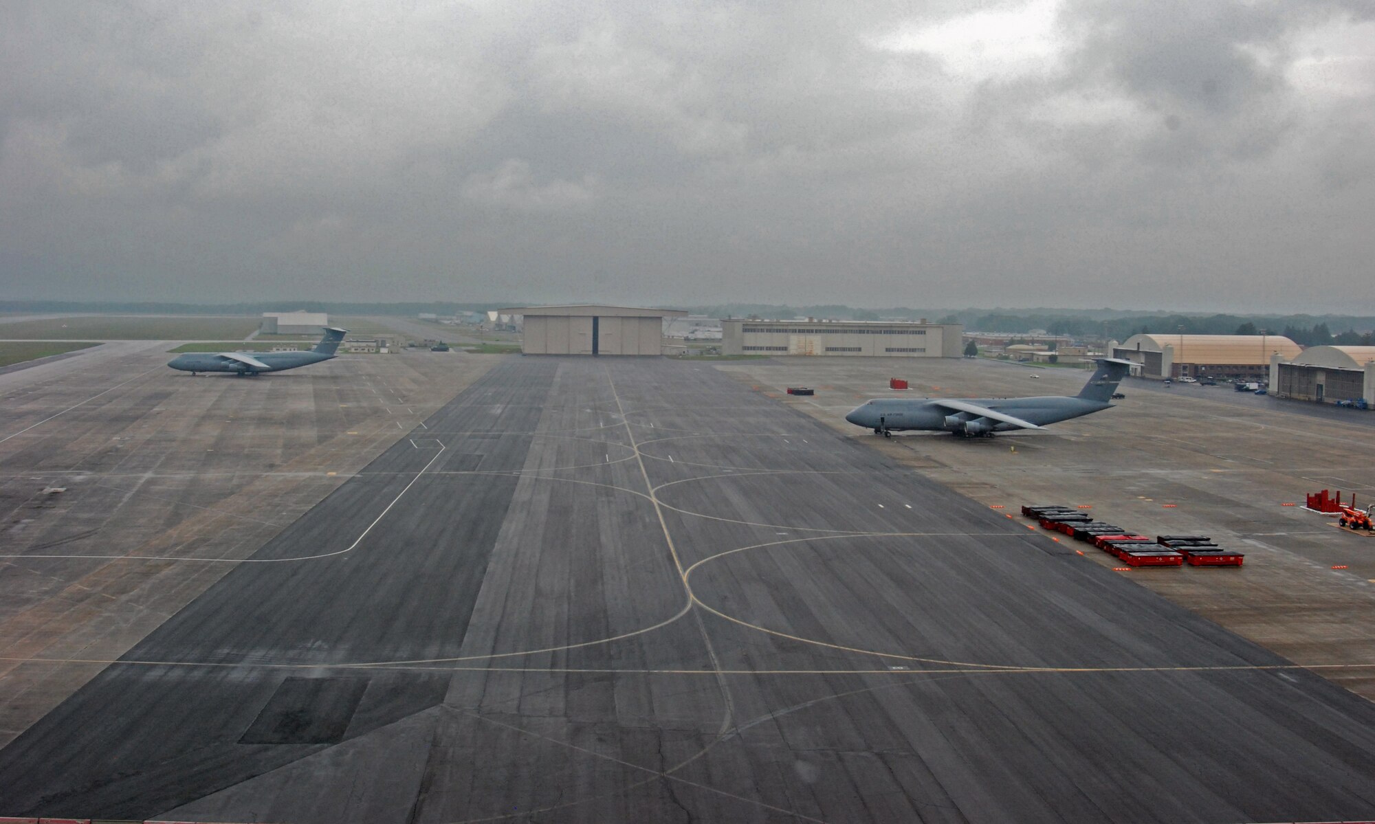 All but two of Westover Air Reserve Base’s C-5 aircraft were evacuated Aug. 26 - 27 to bases in Florida, Delaware and Ohio, in preparation for Hurricane Irene. In addition, 61 trailers loaded with bottled water, generators, tarps, food, and other emergency supplies arrived at Westover Aug. 26 and 27 as the base partnered with the Federal Emergency Management Agency in preparation for the hurricane, which hit New England Sunday, Aug. 28. (US Air Force photo/SrA. Kelly Galloway)
