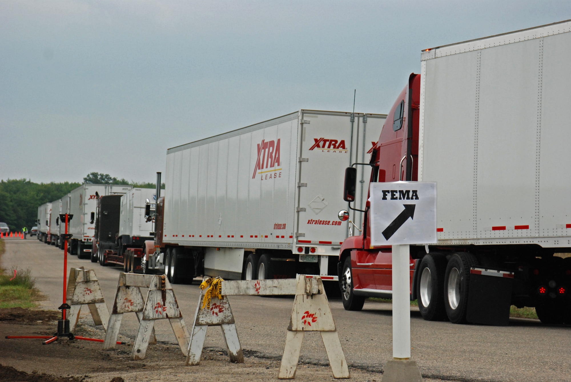 Sixty-one trailers loaded with bottled water, generators, tarps, food, and other emergency supplies arrived at Westover Air Reserve Base Aug. 26 and 27 as Westover partnered with the Federal Emergency Management Agency in preparation for Hurricane Irene, which hit New England Sunday, Aug. 28. In addition, all but two of Westover Air Reserve Base’s C-5 aircraft were evacuated Aug. 26 - 27 to bases in Florida, Delaware and Ohio, in preparation for Hurricane Irene. (US Air Force photo/SrA. Kelly Galloway)