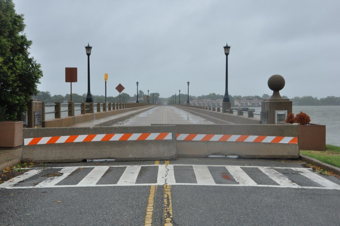 Cement barriers blockade the King Street Bridge as Hurricane Irene approaches Langley Air Force Base, Va., Aug. 27, 2011. Irene made landfall in North Carolina becoming the first hurricane to hit the continental United States since 2008. (U.S. Air Force photo by Senior Airman Jason J. Brown/RELEASED)