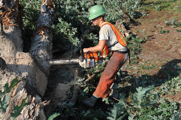 Senior Airman Jacob Russell saws through the trunk of a tree that fell in the aftermath of Hurricane Irene at Seymour Johnson Air Force Base, N.C., Aug. 28, 2011. The 4th Civil Engineer Squadron Heavy Equipment Flight used chainsaws, bulldozers and backhoes to cut and remove dozens of fallen trees and branches to clean up the base. Russell is a 4th CES heavy equipment operator. (U.S. Air Force photo/1st Lt. Matt Schroff)