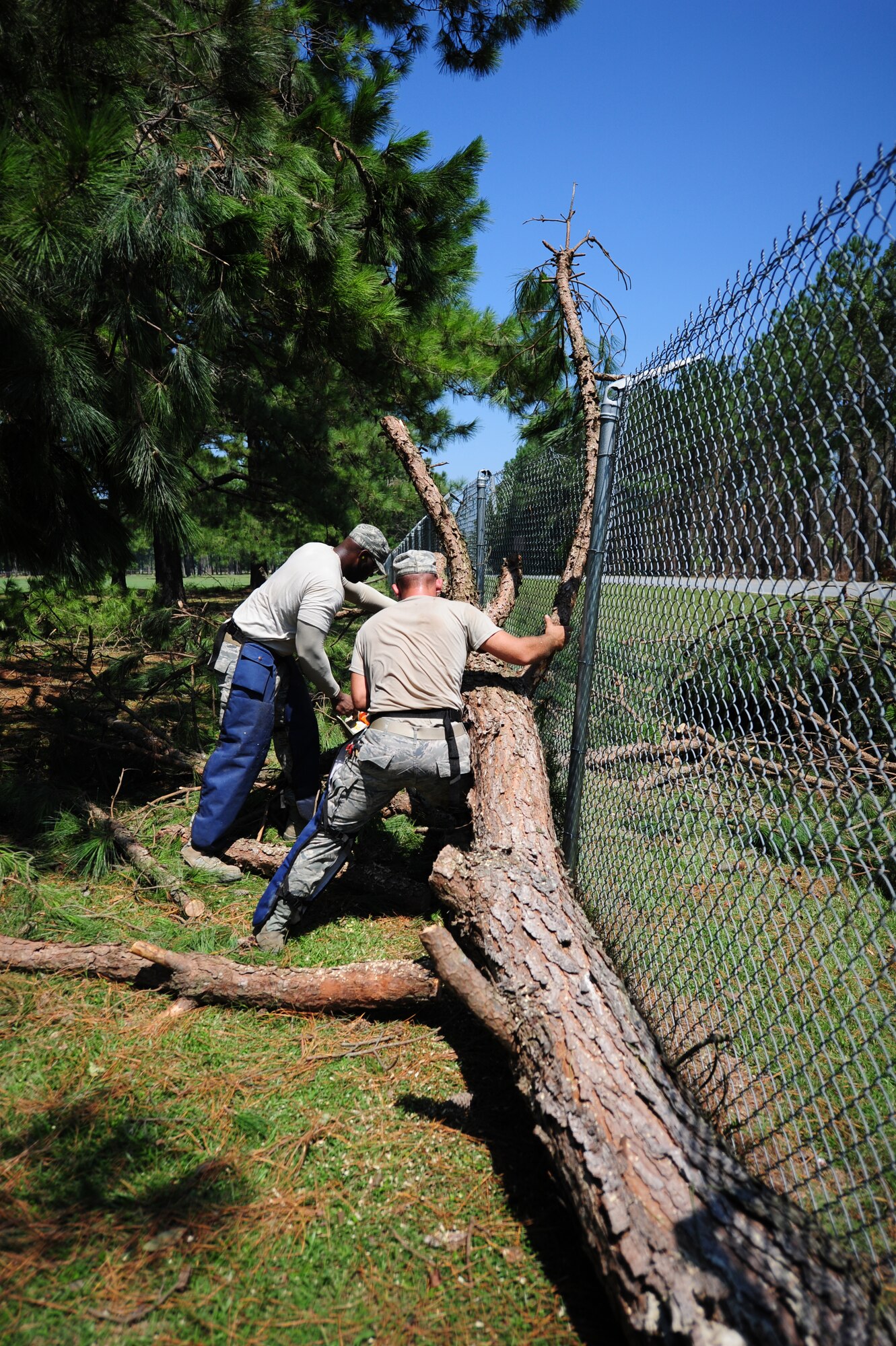 Staff Sgts. Emanuel Shiver and Tim Loyd work to remove a tree limb that was laying against the perimeter fence near the Oak Forest gate on Seymour Johnson Air Force Base, N.C., Aug. 28, 2011. Two crews from the 4th Civil Engineer Squadron heavy equipment flight were charged to check for trees and limbs that were lying against the perimeter fence after Hurricane Irene hit the Carolina coast. Shiver is a native of Columbia, S.C., and Loyd hails from Clarksdale, Miss., both are members of the 4th CES heavy equipment flight. (U.S. Air Force photo by Senior Airman Rae Perry/Released)