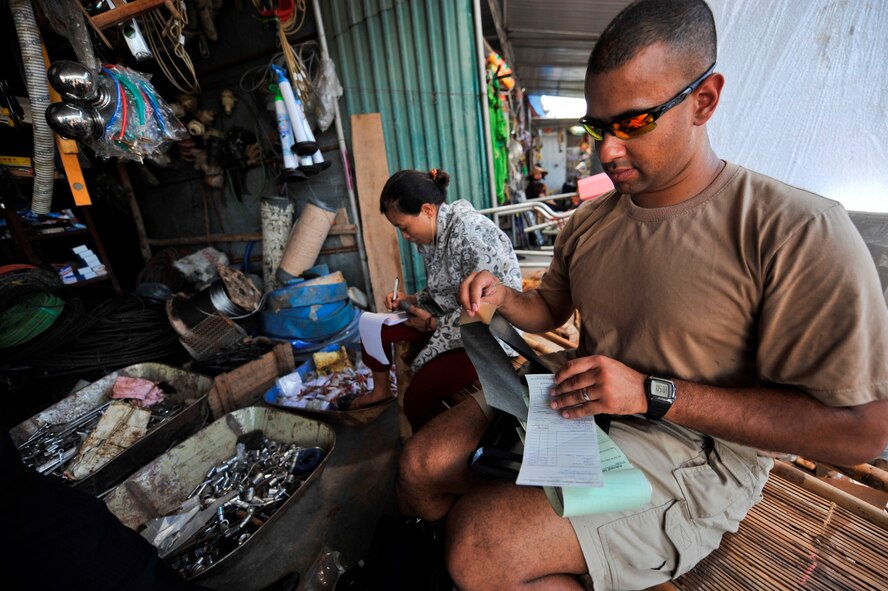 U.S. Air Force Technical Sergeant Eric Moss, contracting officer from the 354th Contracting Squadron, Eielson Air Force Base, Alaska, works with Vietnamese vendors to satisfy contract requirements for improvements to three medical clinics in Ha Tinh Province, Vietnam, on Aug. 22, 2011, in support of Engineering Civic Action Program (ENCAP) Pacific Unity 2011.  The operation, led by 13th Air Force, includes more than 60 U.S. and Vietnamese service members, contractors and support personnel, and helps cultivate common bonds, foster goodwill and improve relationships between the United States and Vietnam.  (U.S. Air Force image/Master Sgt. John Herrick)(Released)
