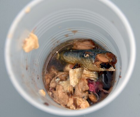  concoction of canned escargot, shrimp paste, fish sauce and various assortments of other delicacies await the six remaining competitors in the second round of Andersen’s Annual Fear Factor challenge. More than 20 competitors participated in the challenge for a grand prize of two $200 Delta Airlines travel vouchers. In the end, Jacob Greathouse, a Team Andersen dependant, was able to clench victory and the grand prize for the second consecutive year. (U.S. Air Force photo/ Senior Airman Carlin Leslie) 

