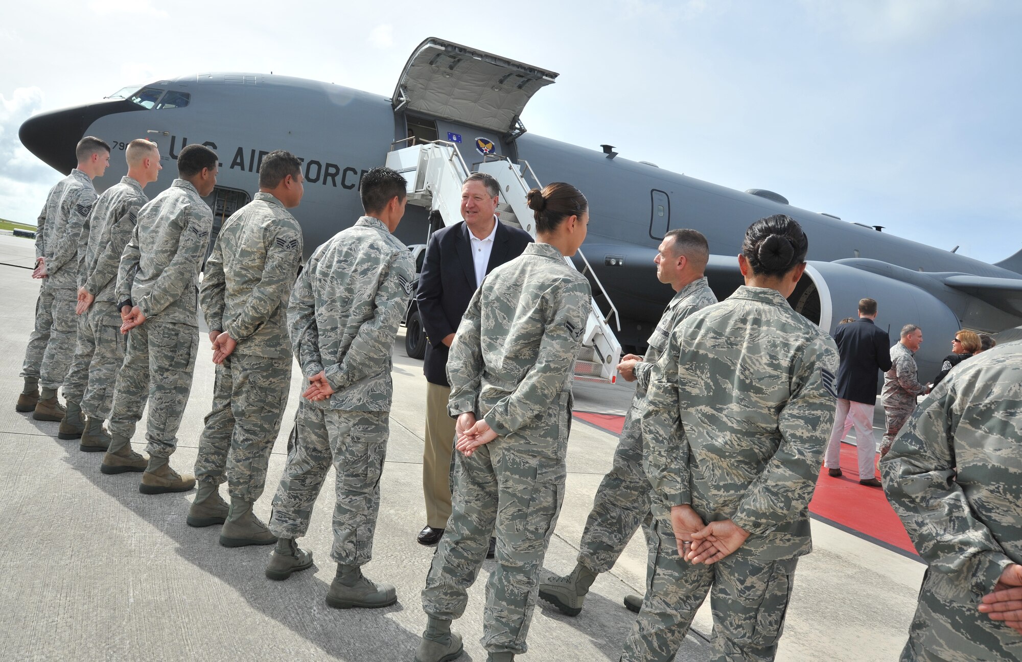 Secretary of the Air Force Michael Donley talks with Airmen at Andersen Air Force Base, Guam, during a base visit Aug. 28, 2011. During the visit, Donley met with senior leaders, and the men and women of the 36th Wing, to discuss the wing’s role in the security and stability of the Asia-Pacific region. (U.S. Air Force photo/Staff Sgt. Alex Montes)