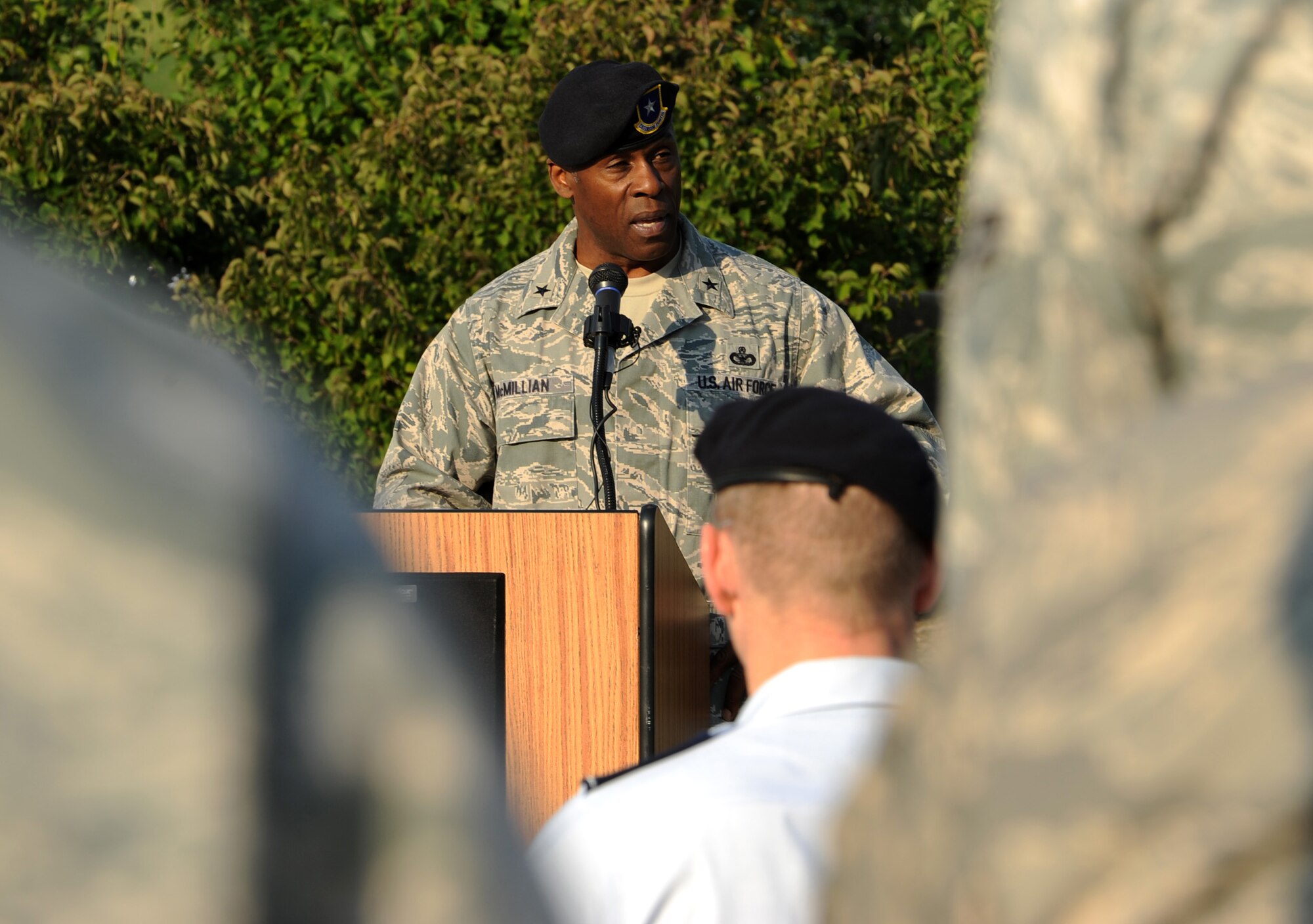 Brig. Gen. Jimmy McMillian, the Air Force’s director of security forces, speaks during a wreath laying ceremony at the Pentagon on Aug. 29, 2011. McMillian asked the audience, which was made up of security forces members from across the national capital region, to never forget the memories and sacrifices of fallen security forces Airmen and other Americans. (U.S. Air Force photo/Staff Sgt. Tiffany Trojca)