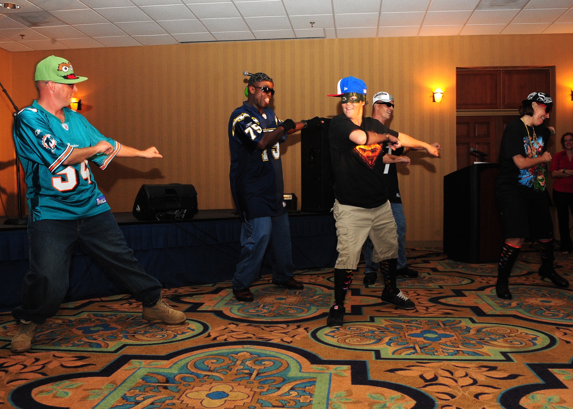 DAVIS-MONTHAN AIR FORCE BASE, Ariz. – Chief master sergeants of the 355th Fighter Wing dance to Soulja Boy’s ‘Crank That (Soulja Boy)’ during the entertainment portion of D-M’s Got Talent here Aug. 25. D-M’s Got Talent was held as a way to build morale on D-M. (U.S. Air Force photo/Airman 1st Class Timothy D. Moore)