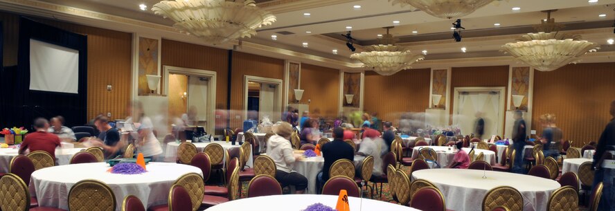 Volunteer Airmen from Barksdale Air Force Base, La., set up for a Special Olympics event in the Eldorado Resort and Casino in Shreveport, La., Aug. 27. The event raised $44,000, which will help the organization purchase sporting equipment and pay for athletes' transportation fees. (U.S. Air Force photo/Airman 1st Class Micaiah Anthony)(RELEASED) 