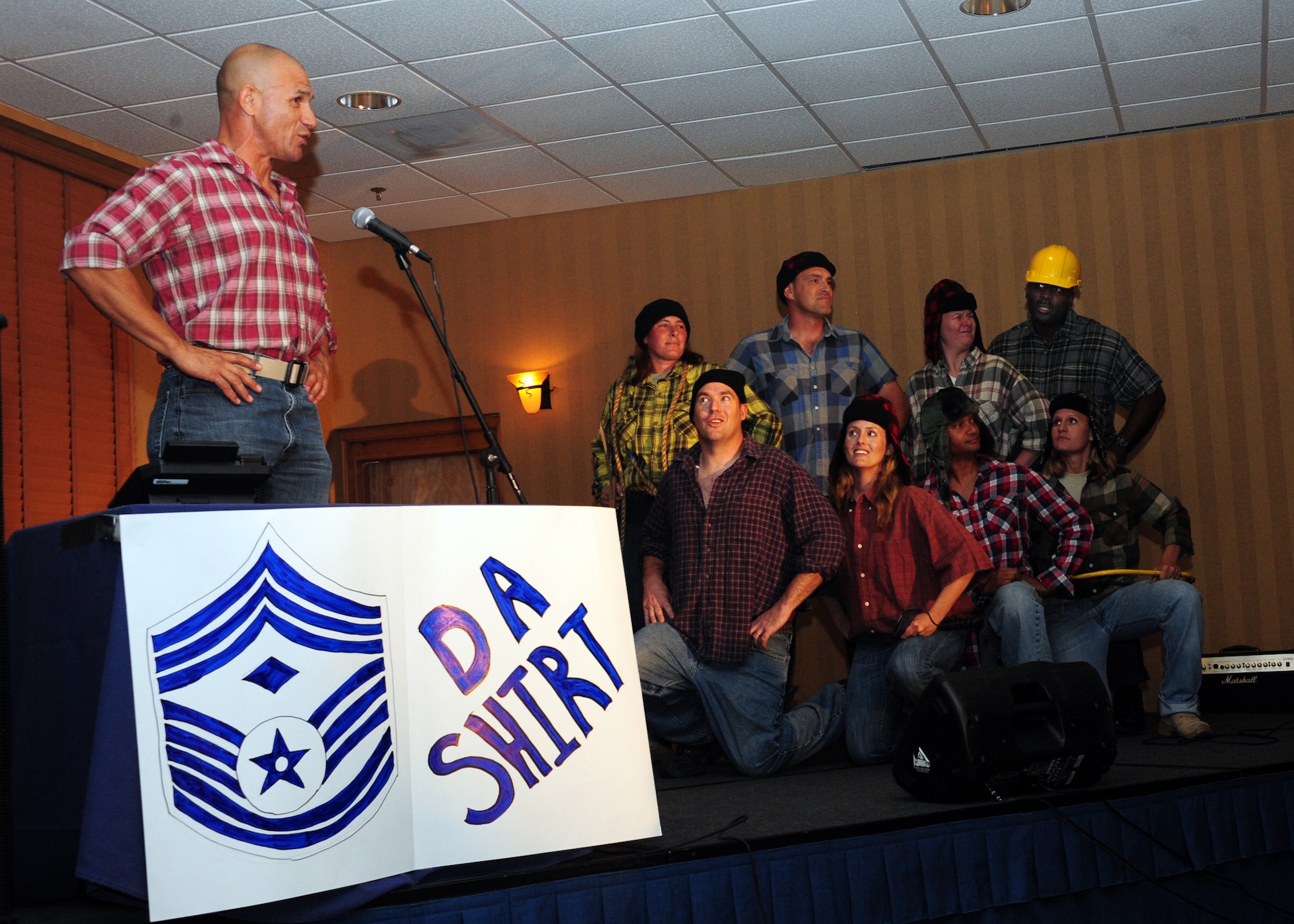 DAVIS-MONTHAN AIR FORCE BASE, Ariz. – The first sergeants of the 355th Fighter Wing perform a rendition of the Monty Python’s ‘Lumberjack’ during the entertainment portion of D-M’s Got Talent here Aug. 25. D-M’s Got Talent was held as a way to build morale on D-M. (U.S. Air Force photo/Airman 1st Class Timothy D. Moore)