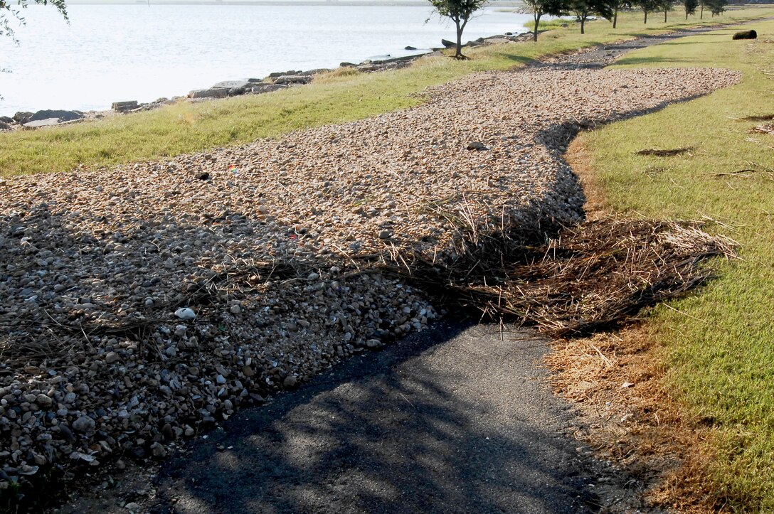 Ocean debris covers the running path on Ward Road after Hurricane Irene at Langley Air Force Base, Va., Aug. 28, 2011.  Hurricane Irene made landfall in the local area Saturday and brought roughly 8.8 inches of rainfall, 67 miles per hour winds, and coastal flooding to the base..  (U.S. Air Force photo by Airman 1st Class Kayla Newman/Released)