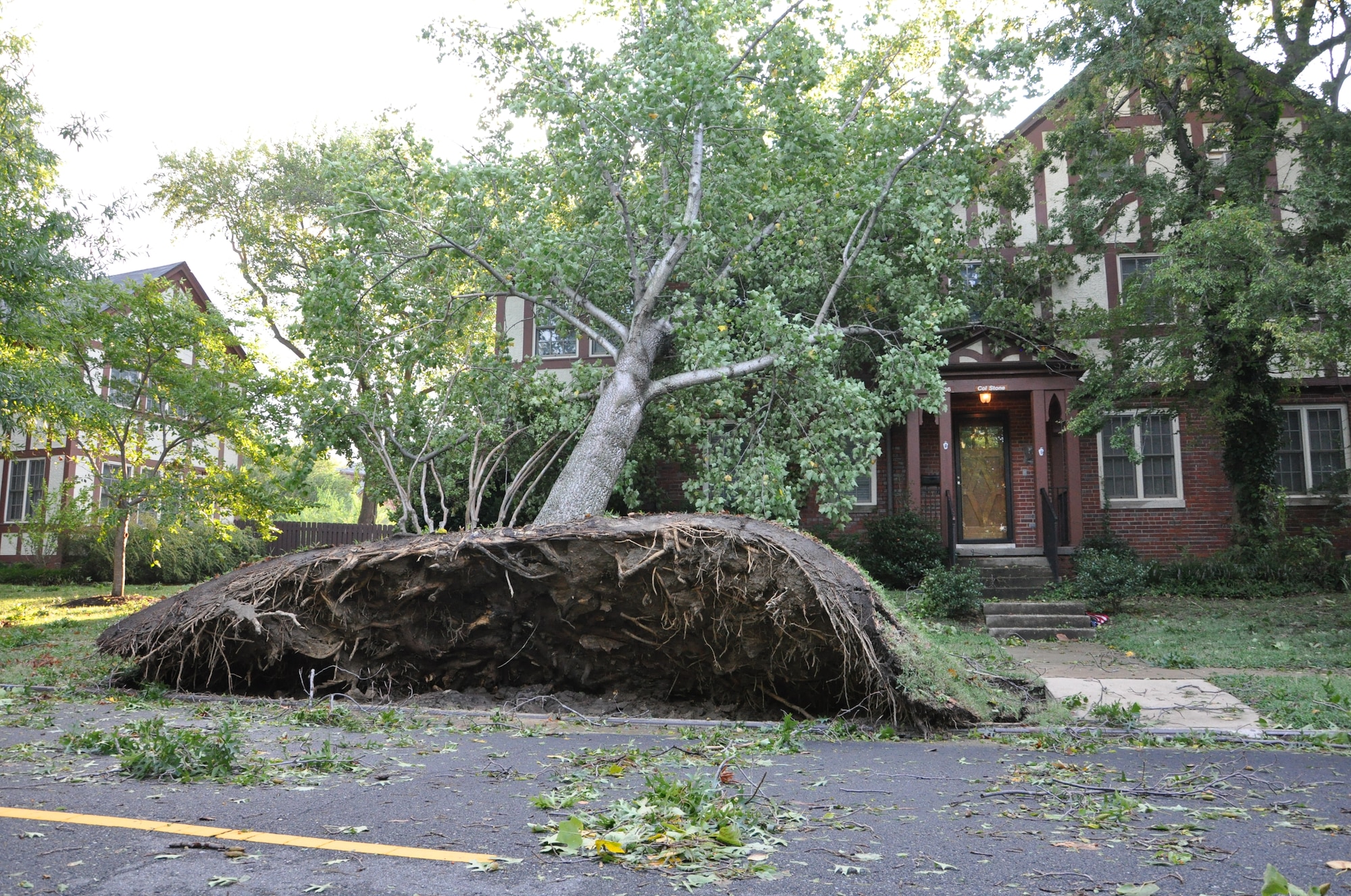 A tree lays fallen onto a home on the Air Combat Command campus as a result of high winds during Hurricane Irene at Langley Air Force Base, Va., Aug. 28, 2011. Officials said the storm knocked out power to more than 4 million people and was responsible for at least 20 deaths along the East Coast. (U.S. Air Force photo by Senior Airman Jason Joel Brown/RELEASED)