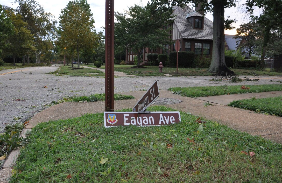 Street signs lay on the ground of the Air Combat Command campus as a result of being damaged by high winds during Hurricane Irene at Langley Air Force Base, Va., Aug. 28, 2011. Joint Base Langley-Eustis personnel began assessment and base recovery options in the early morning hours following the passing of the storm. (U.S. Air Force photo by Senior Airman Jason Joel Brown/RELEASED)