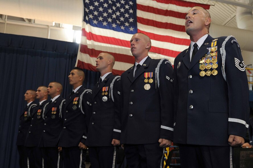 The U.S. Air Force Honor Guard, Class 2011-D, deliver the Airman’s Creed during their technical training school graduation Aug. 26 on Joint Base Anacostia-Bolling, Washington D.C. The trainees completed eight weeks of technical training to qualify to participate in The USAF Honor Guard’s mission at Arlington National Cemetery. (U.S. Air Force photo by Staff Sgt. Christopher Ruano)