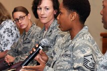 KUNSAN AIR BASE, Republic of Korea – Master Sgt. LaToya Edwards, 8th Aircraft Maintenance Squadron first sergeant, speaks during the Women’s Equality Day luncheon here Aug. 26. The date was selected to commemorate the 1920 passage of the 19th Amendment to the Constitution, granting women the right to vote. (U.S. Air Force photo/Senior Airman Brittany Y. Bateman)