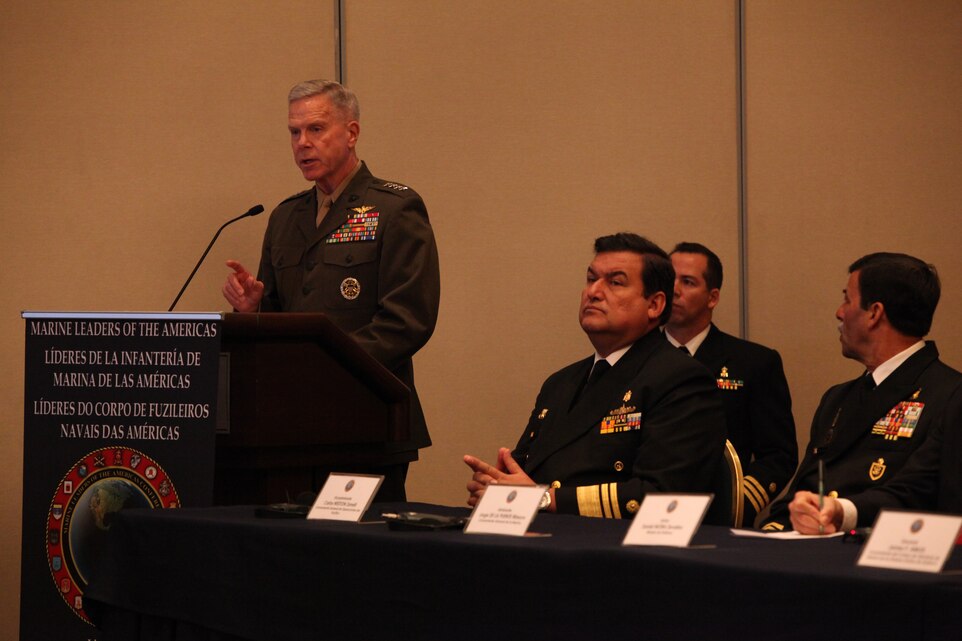 Gen. James F. Amos, 35th Commandant of the U.S. Marine Corps, addresses participants of the Marine Leaders of the Americas Conference (MLAC) 2011. The bi-annual conference allows Marine leaders from North, Central, and South America a venue to discuss regional issues and develop professional relationships.