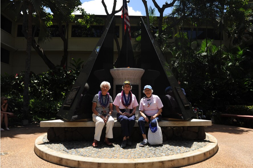 JOINT BASE PEARL HARBOR-HICKAM, Hawaii - Members of the Women Air Force Service Pilots Shirley Kruse, Bernice "Bee" Haydu, and Lee Doerr, pose during a tour of the Courtyard of Heros that featured other veterans of World War II here, Aug. 30, 2011. The tour was sponsored by the Greatest Generation Foundation. (U.S. Air Force photo/Staff Sgt. Gustavo Gonzalez)