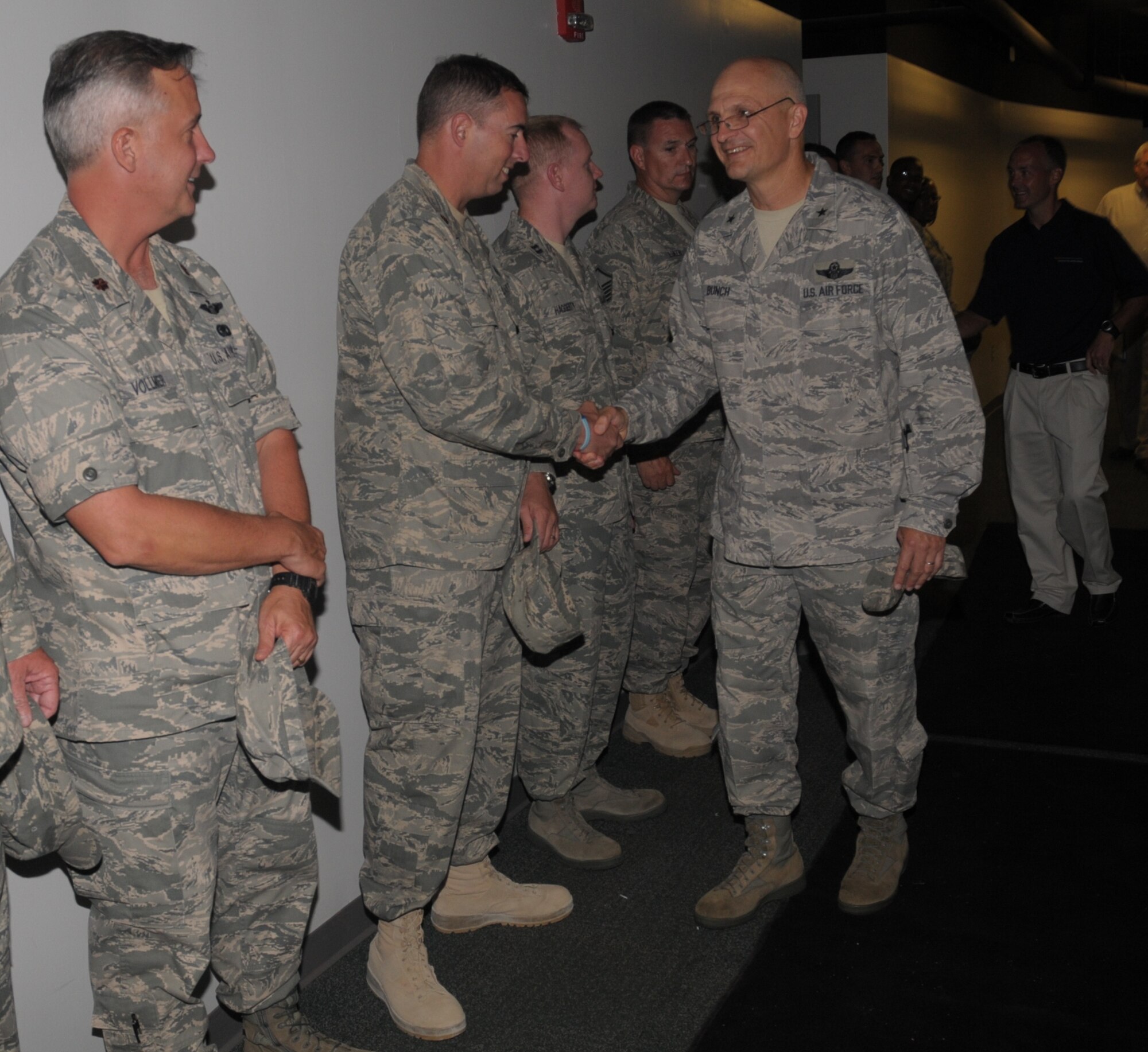 Airmen who have returned back from deployment are greeted by Brig. Gen. Arnold Bunch, Air Force Security Assistance Command commander at the Dayton Dragons “Hometown Heroes Celebration Night” on Saturday, Aug 27.  The Dayton Dragons partner with the Dayton Development Coalition to pay tribute to the local servicemen and women of Wright-Patterson Air Force Base and the Springfield Air National Guard. (U.S. Air Force photo/ Albert Bright)