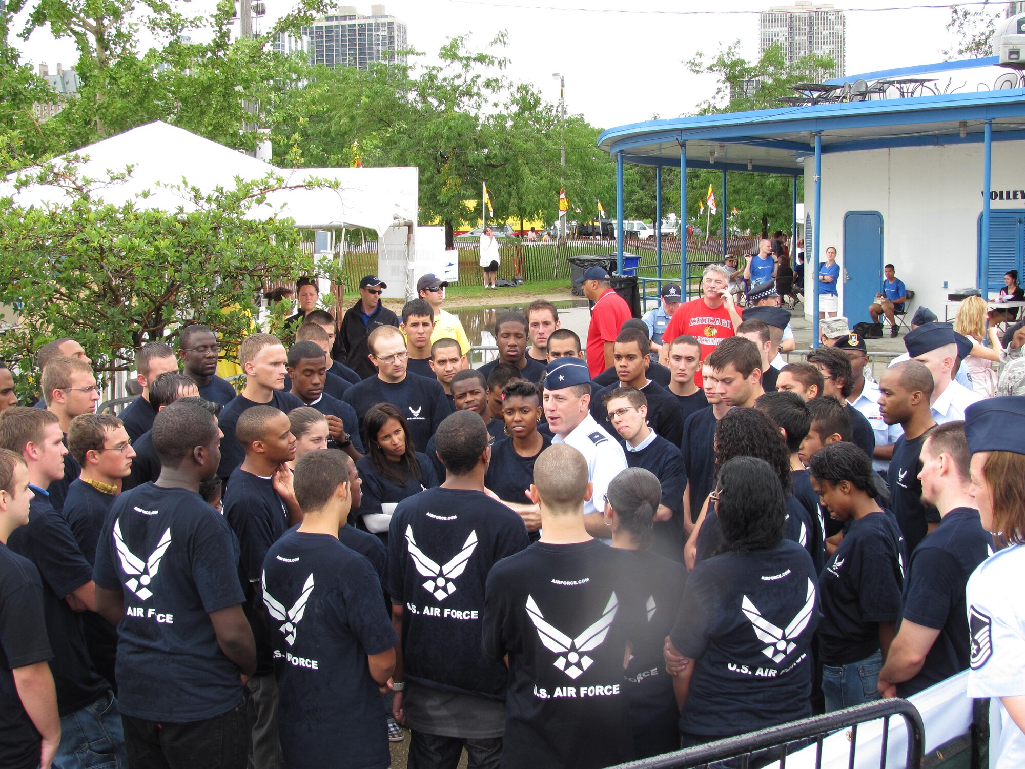 Brig. Gen. Lee K. Levy II, Air Mobility Command director of logistics, at Scott Air Force Base swore in 53 DEPpers on the 53rd anniversary of the Chicago Air and Water Show Aug. 20. Members of the 347th Recruiting Squadron also participated in a Sept. 11 memorial event honoring firemen, policemen, emergency services and military at Soldier’s Field in Chicago recently. (U.S. Air Force photo/courtesy photo)